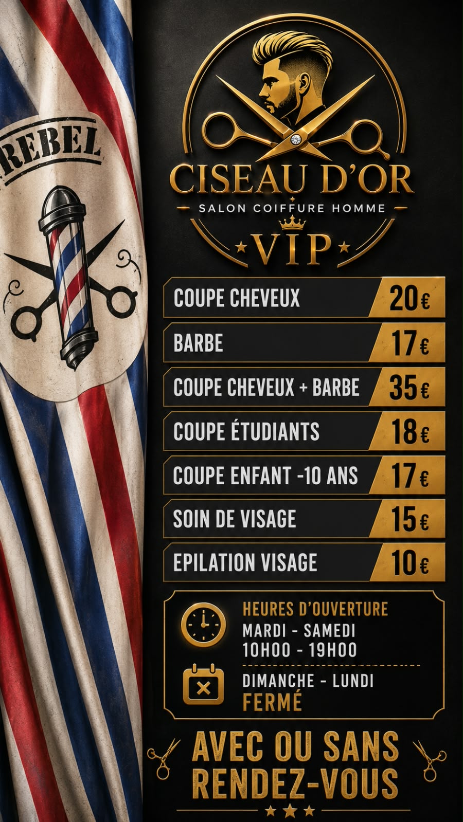 Carte des prestations et tarifs de Ciseau d’Or VIP