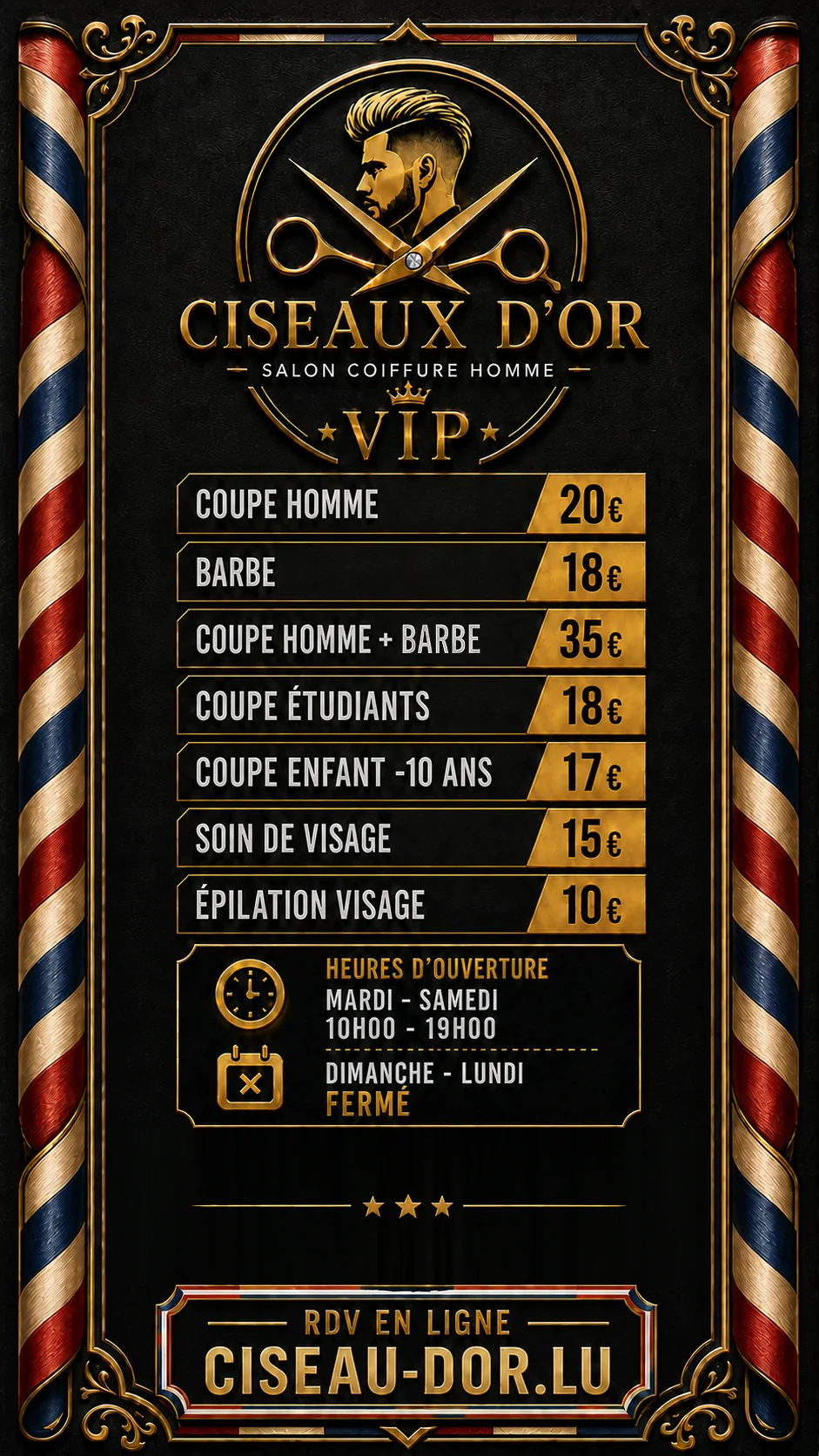 Flyer 9:16 des prestations de Ciseaux d’Or VIP avec réservation sur ciseau-dor.lu